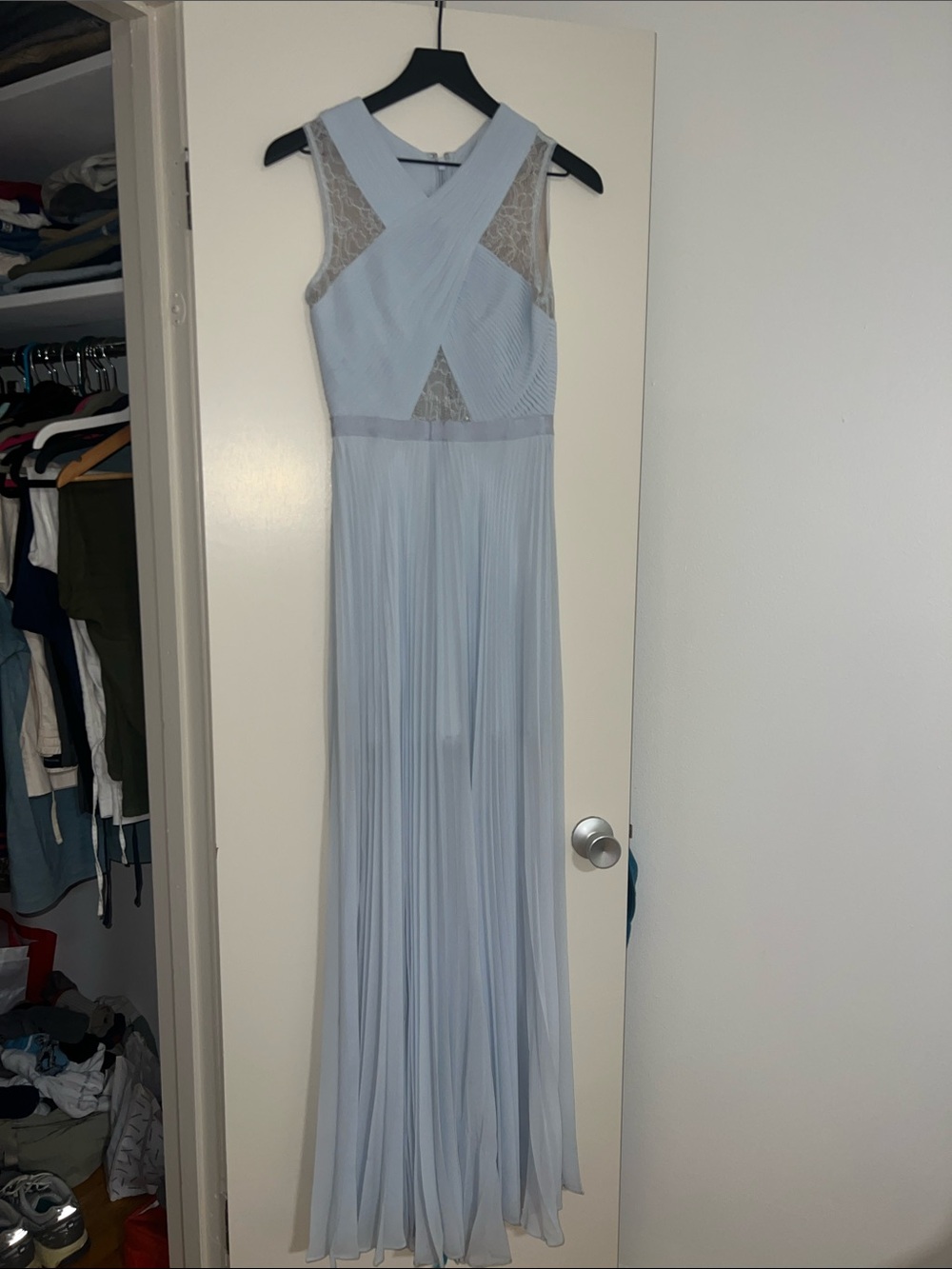 BCBGMaxAzria Pale Blue Cross-Front Pleated Maxi Dress